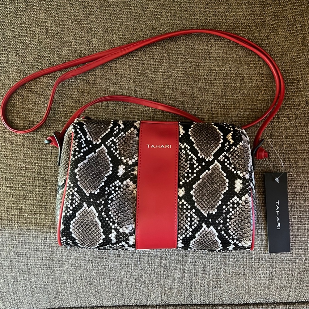Snake/Red TAHARI brand crossbody purse. Small/Medium sized